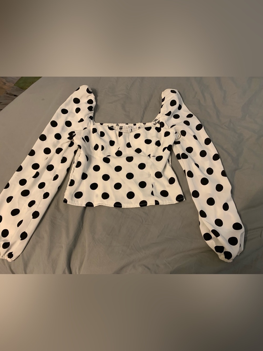 Polka Dot Puff Sleeve Square-Neck Blouse - White/Black